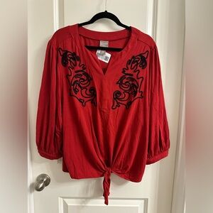 Chico's Puff Sleeve Blouse Black Embroidery Tie Front SZ 3 V Neck 3/4 Sleeve Red